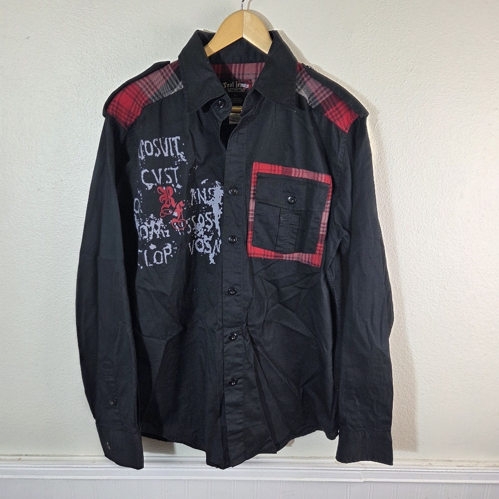 Tool Jeans Y2K Punk Graphic Button Front Shirt Mens L Black Plaid Gothic